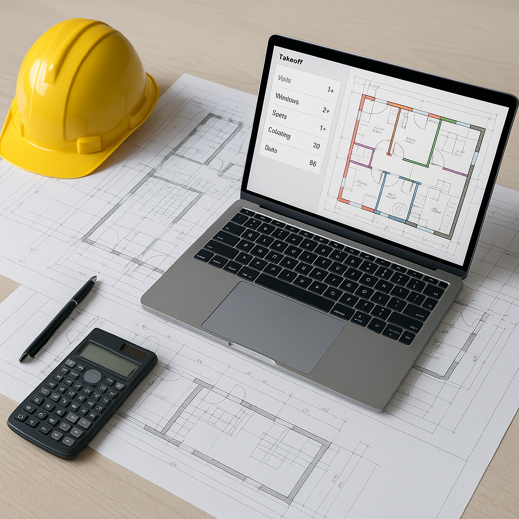 A construction estimator's desk with blueprints and a laptop showing an AI-powered takeoff tool calculating quantities a...
