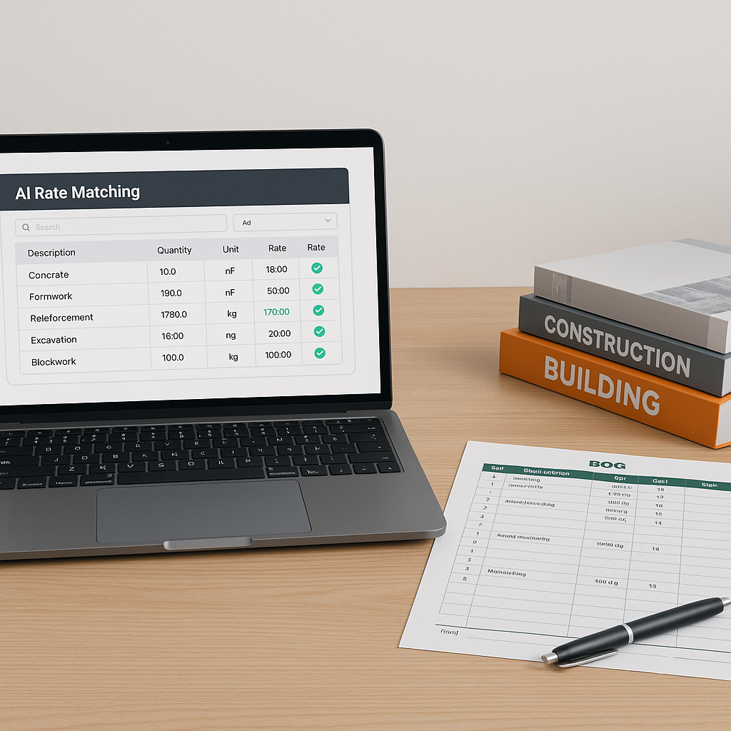 A construction estimator's desk with a laptop showing AI rate matching software, open BOQ spreadsheet, and catalogs stac...