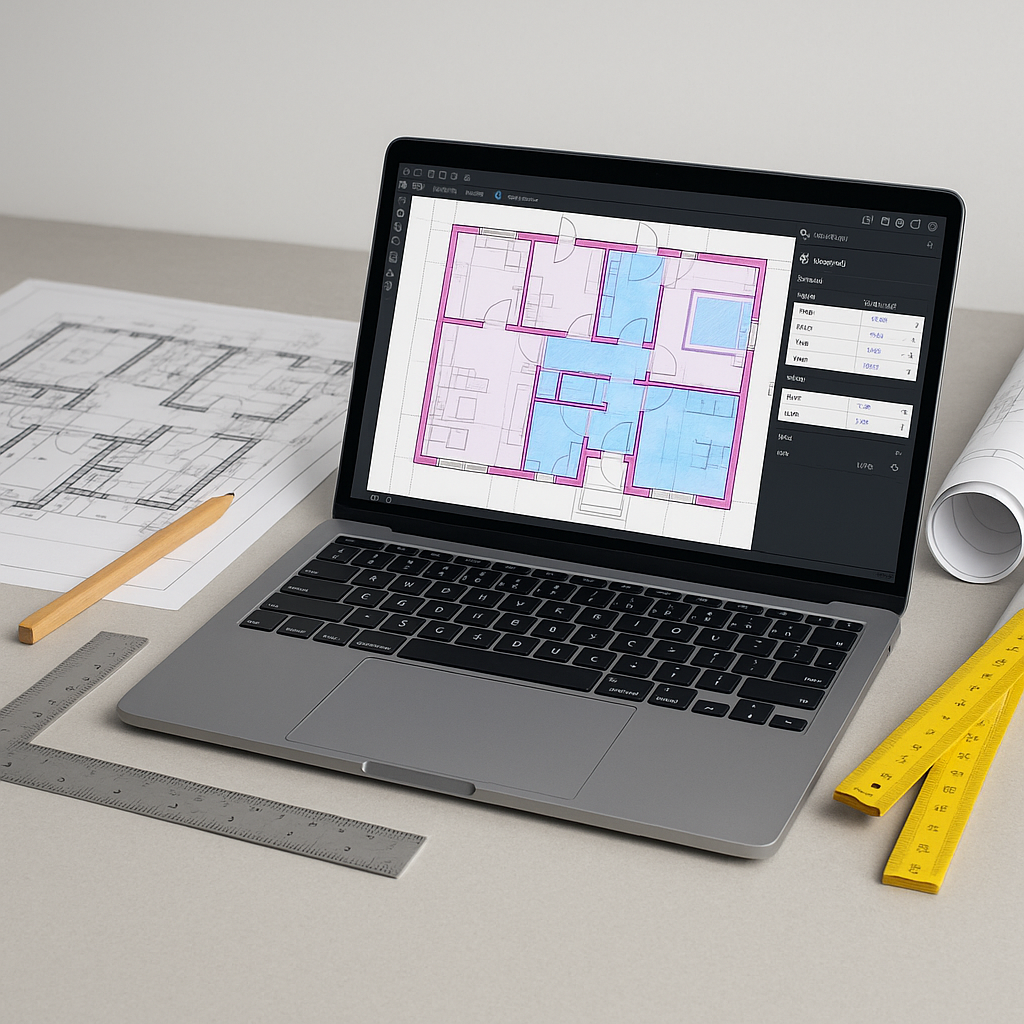 A modern construction estimator's desk with a laptop showing AI-powered takeoff software analyzing a PDF drawing, surrou...