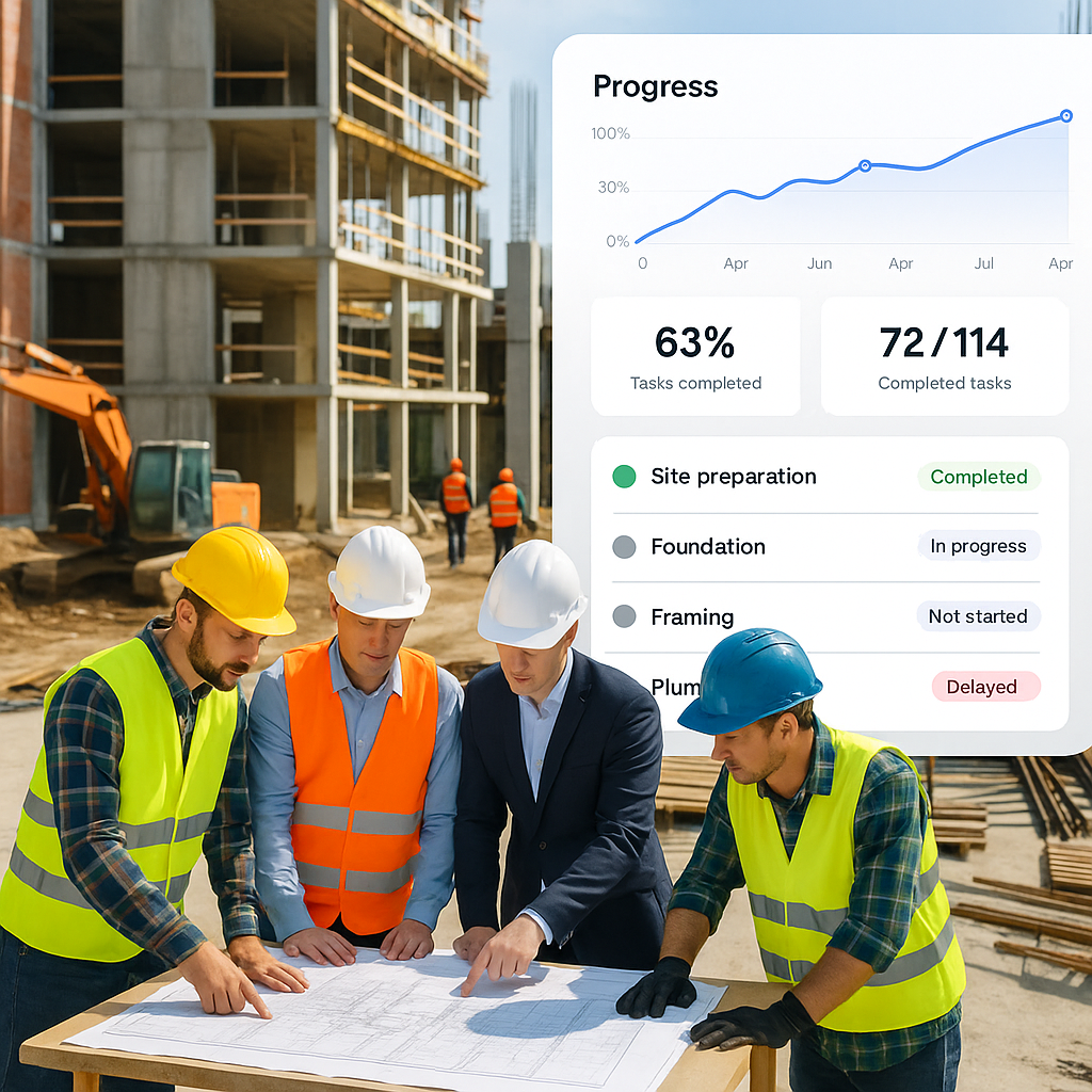 A detailed construction site with workers and subcontractors reviewing blueprints, overlaid with a digital progress trac...