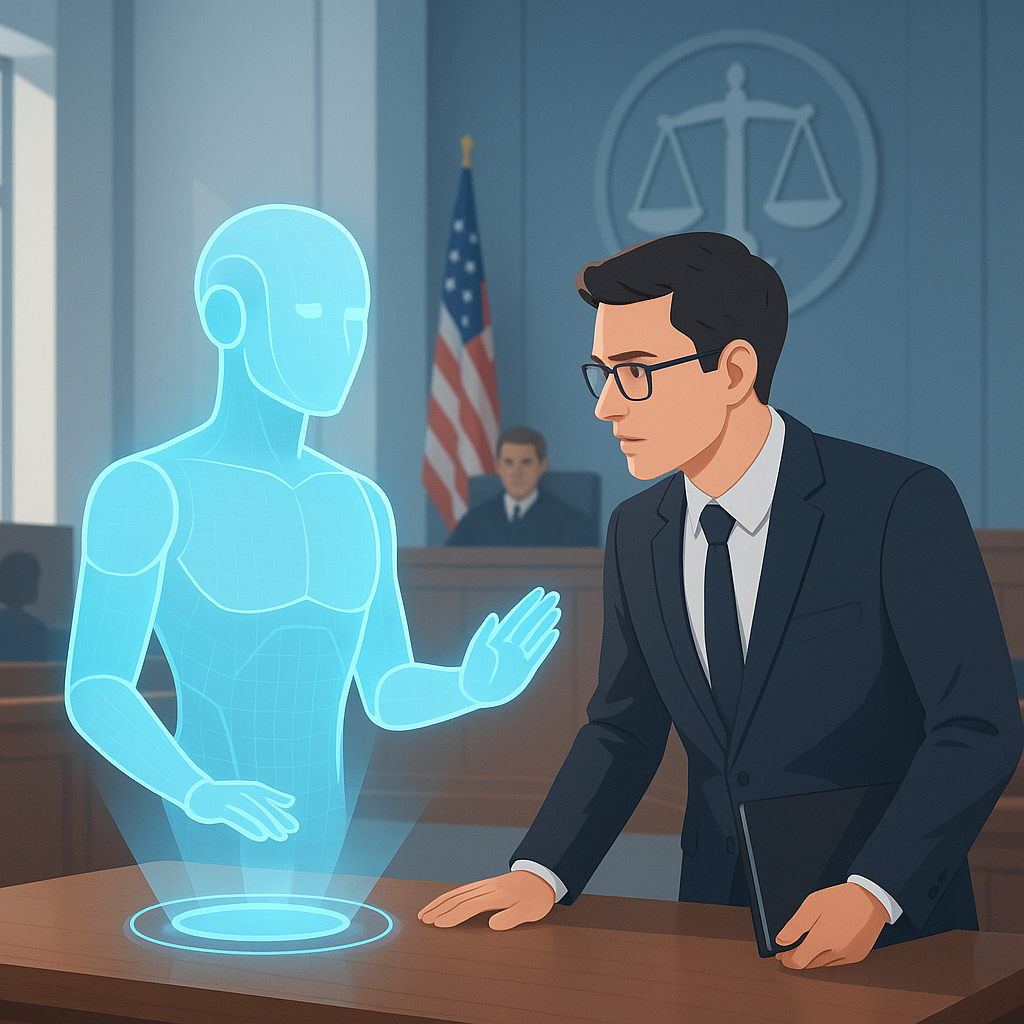 A futuristic courtroom scene where a young lawyer consults an AI hologram, symbolizing the collaboration of technology a...