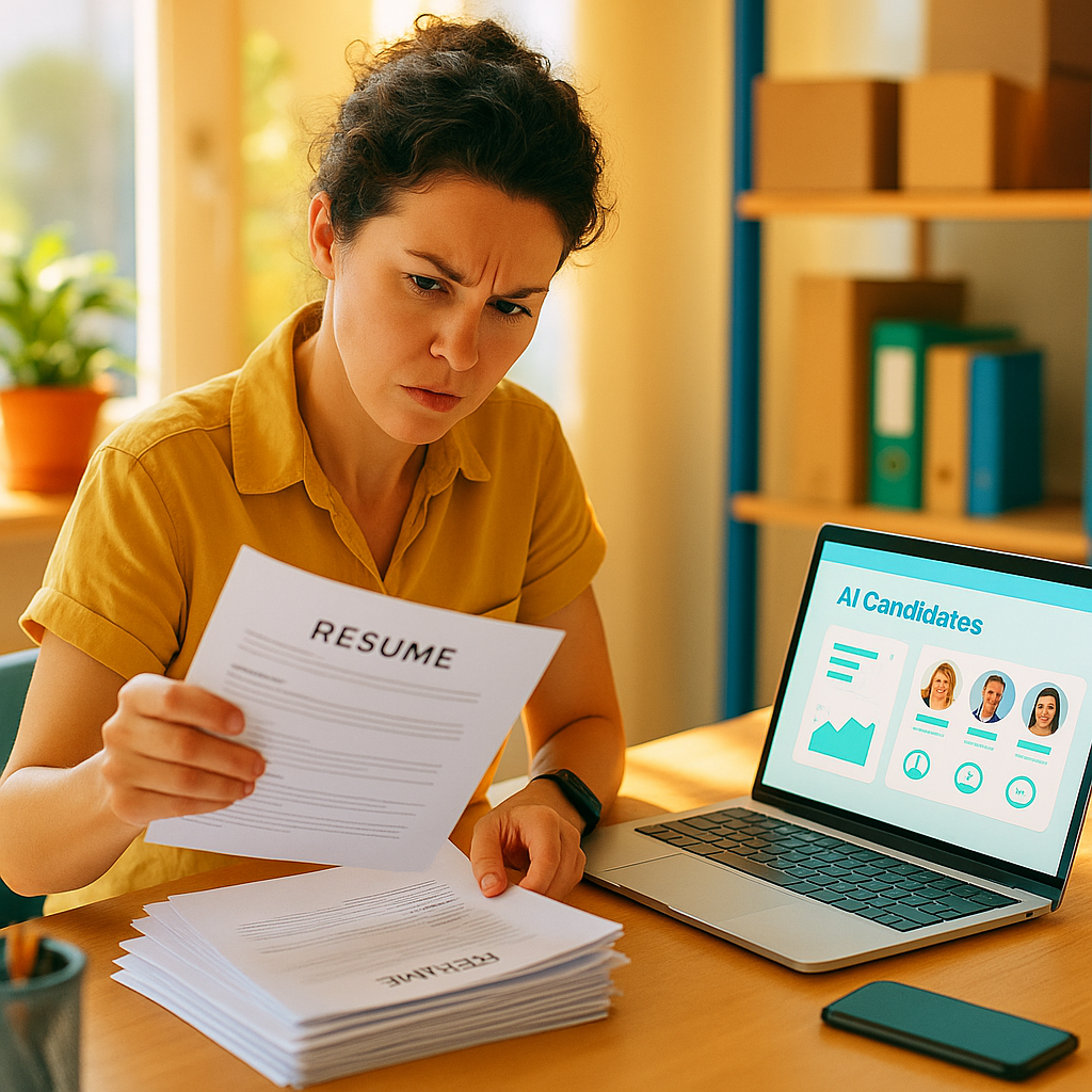 A busy small business owner reviewing a stack of resumes on one side while an AI dashboard highlights top candidates on...