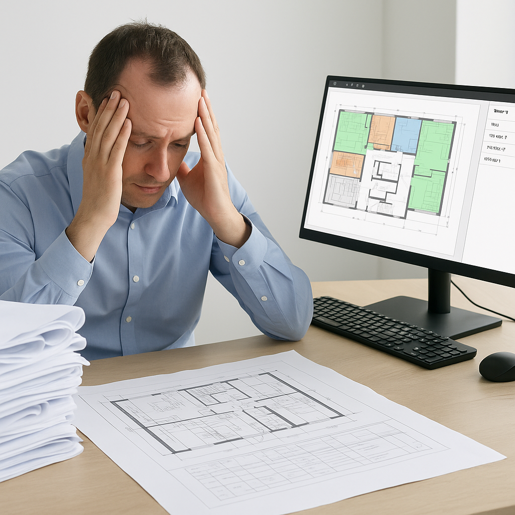 A construction estimator frustrated at their desk with stacks of paper drawings, contrasted with a computer screen showi...