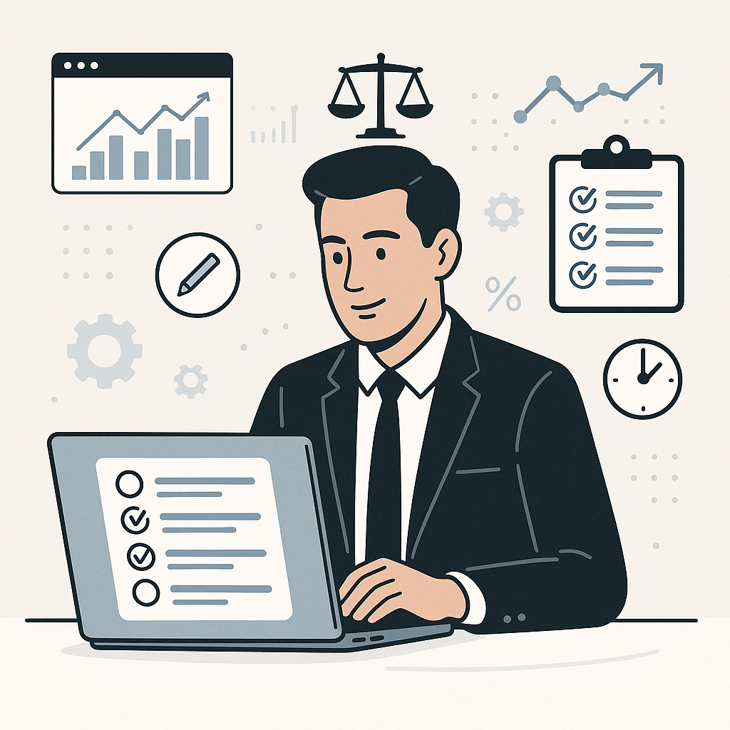 A clean, modern illustration of a legal professional confidently reviewing multiple-choice answers on a laptop. Include...