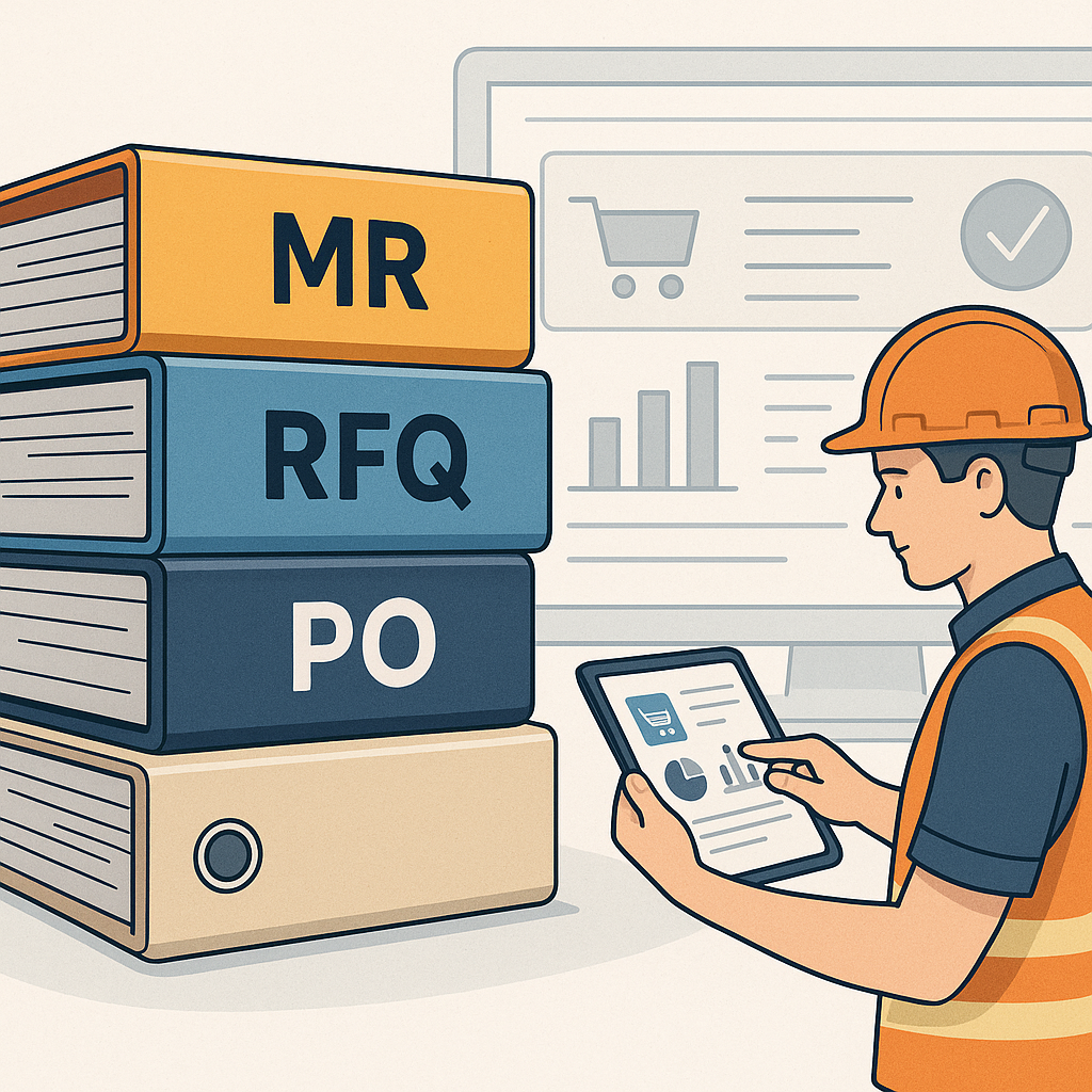 A detailed illustration of construction procurement workflow: stacked folders labeled MR, RFQ, PO, and a worker using a...