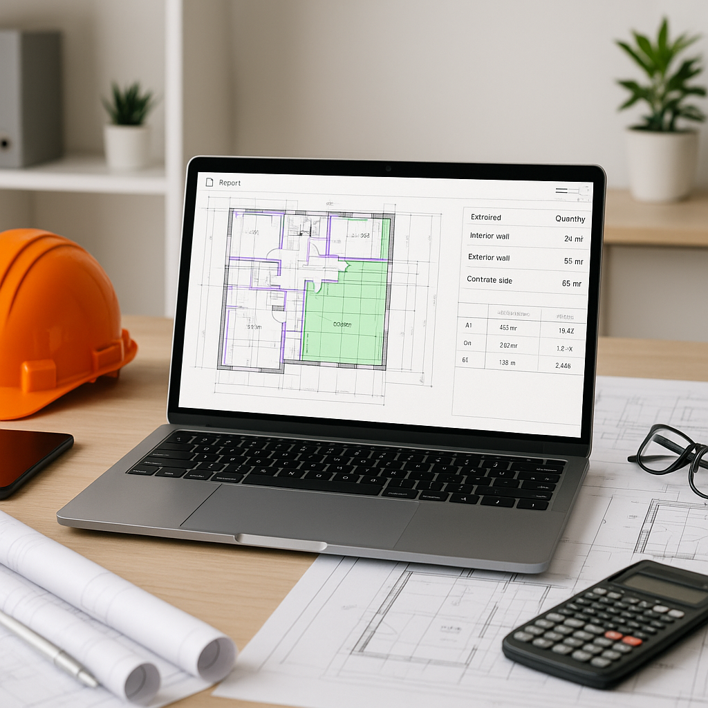 A modern construction estimator's desk with a laptop running AI-powered takeoff software, showing highlighted architectu...