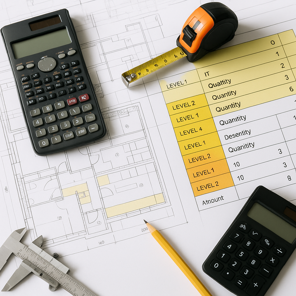 A detailed image showing a construction blueprint with highlighted BOQ sections, including item hierarchies and quantiti...