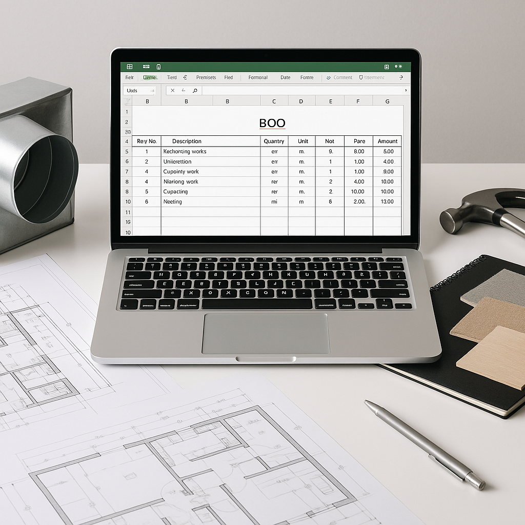 A clean, professional workspace with construction blueprints, a laptop showing a BOQ Excel sheet, and trade-specific too...