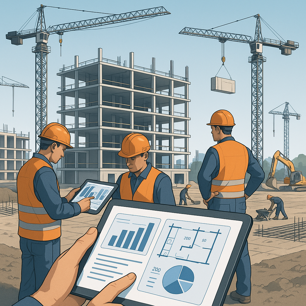 A detailed illustration of a modern construction site with cranes, workers, and digital estimation tools on tablets, sym...