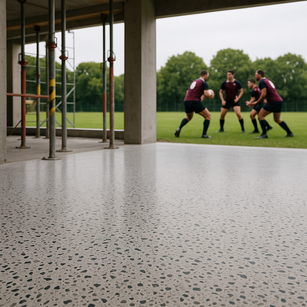 A construction site featuring terrazzo flooring, with rugby players in the background symbolizing resilience and teamwor...