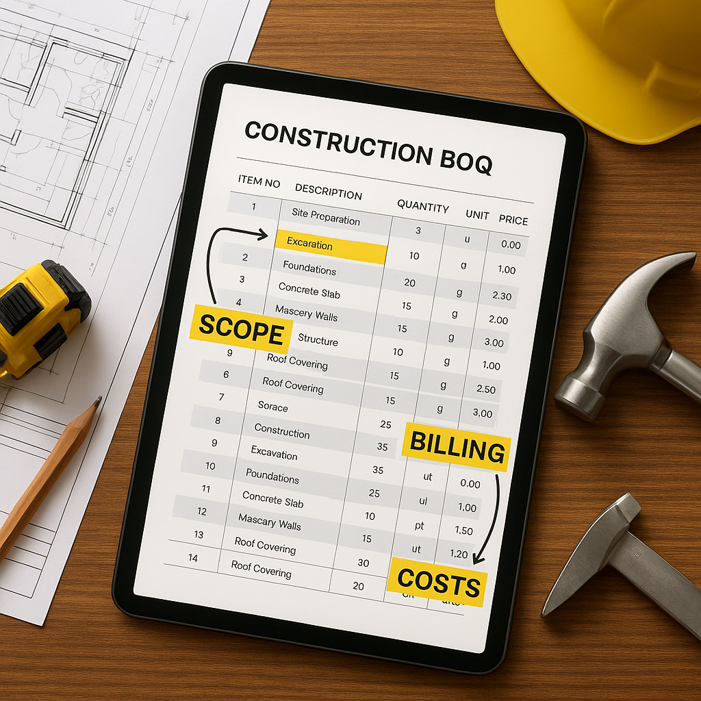 An annotated construction BOQ document with highlighted sections like 'scope', 'billing', and 'costs' on a digital table...