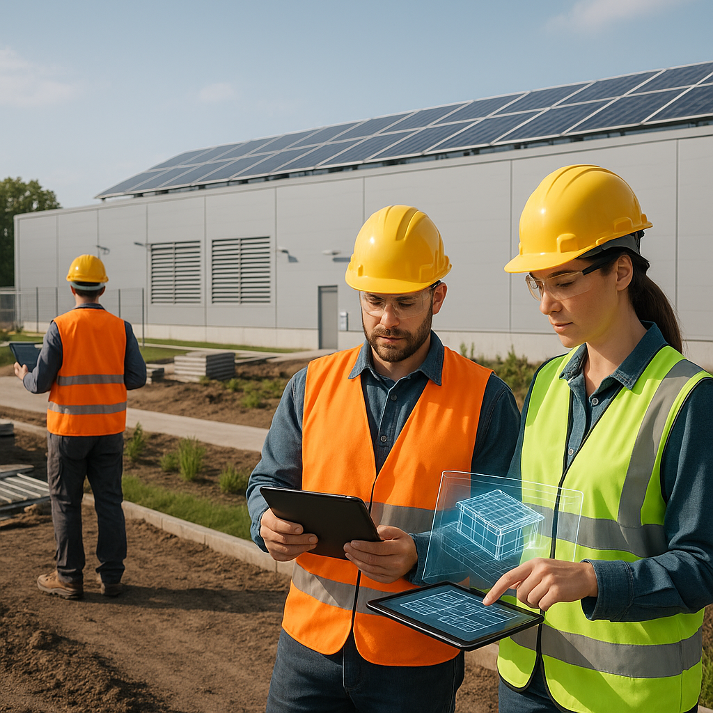 A realistic image of a modern data center construction site, showing workers in safety gear alongside AI-powered tools l...