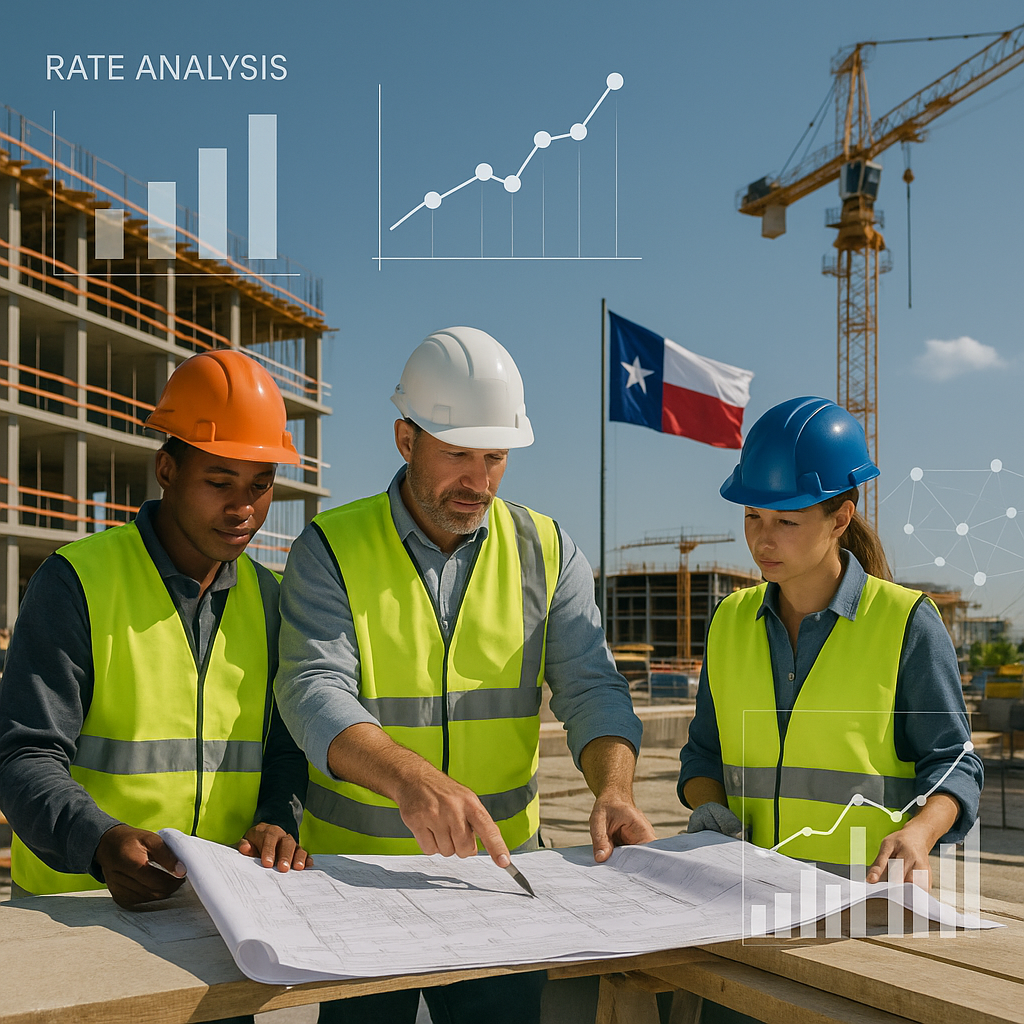 A Texas construction site with workers reviewing blueprints, surrounded by digital overlays of rate analysis data and AI...