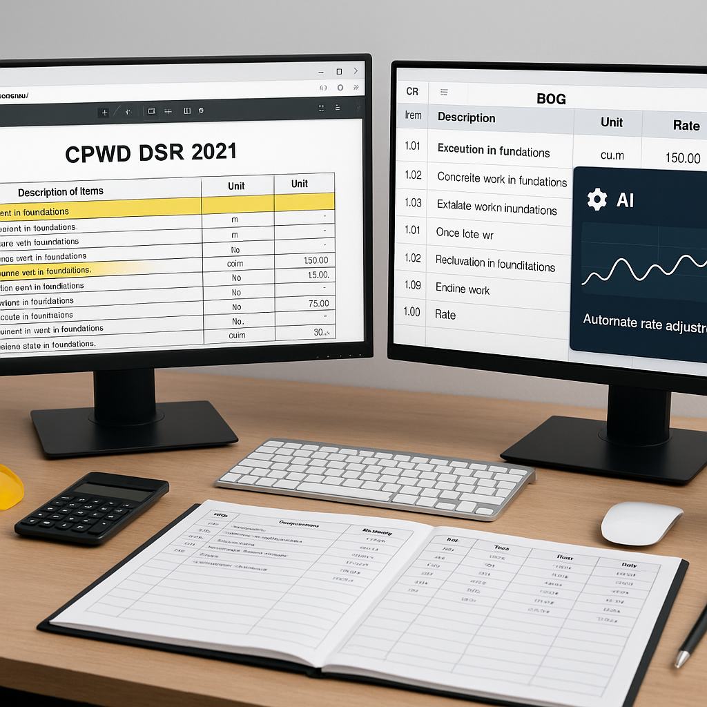 A detailed image of a construction estimator's desk with CPWD DSR 2021 open on a computer screen, a BOQ spreadsheet on a...