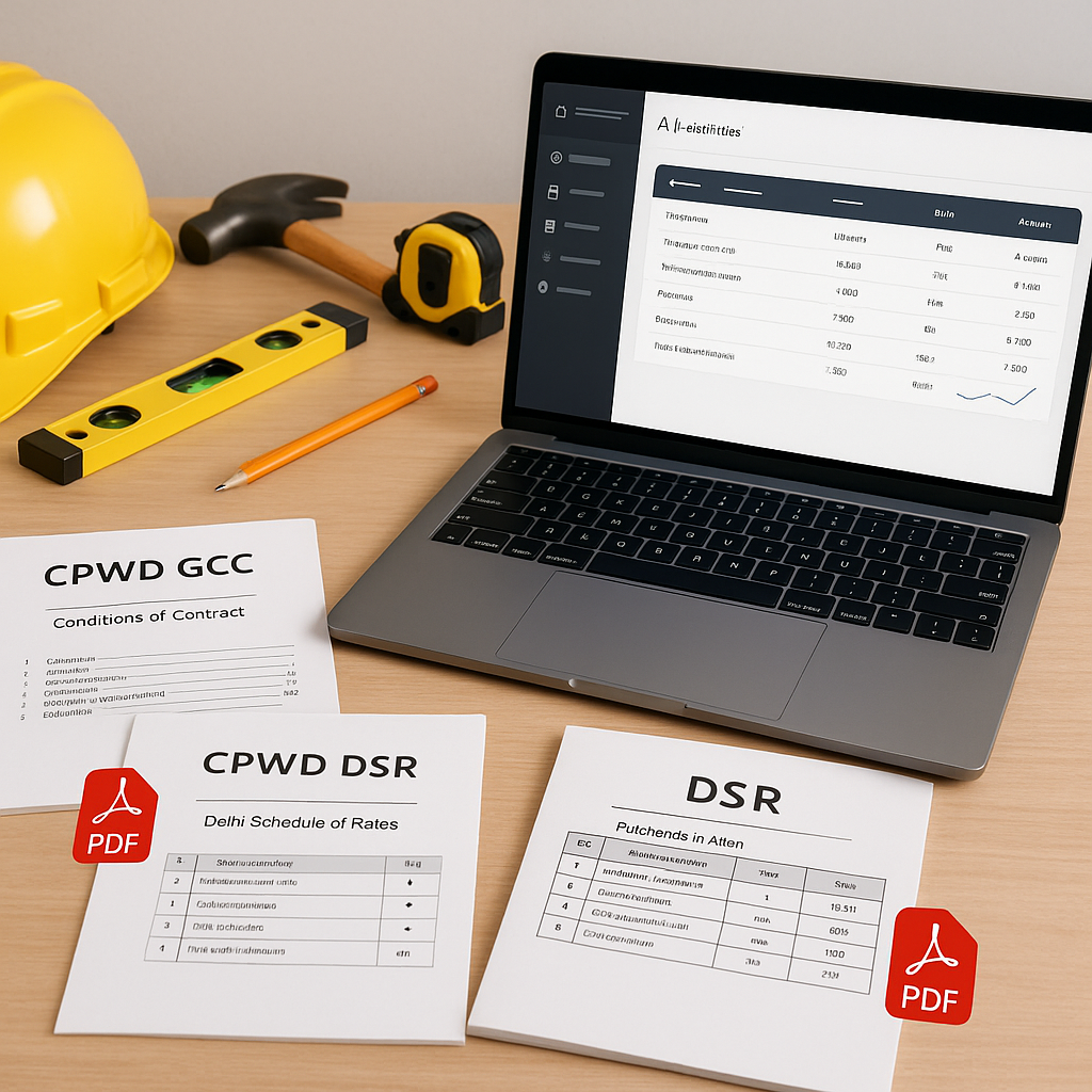 A detailed image of a contractor's desk with open CPWD GCC and DSR PDFs, a laptop showing AI-powered estimation software...
