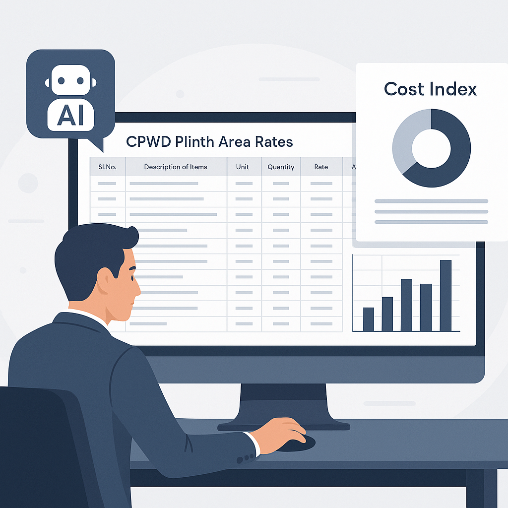 An AI-powered tool analyzing a CPWD plinth area rates BOQ spreadsheet alongside a cost index circular, with a contractor...