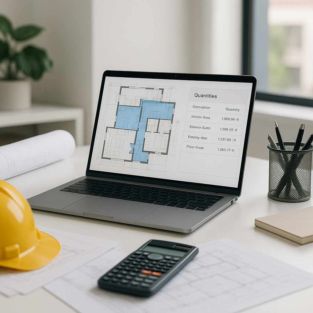 A modern construction estimator's desk with a laptop displaying AI-powered takeoff software, showing building drawings a...