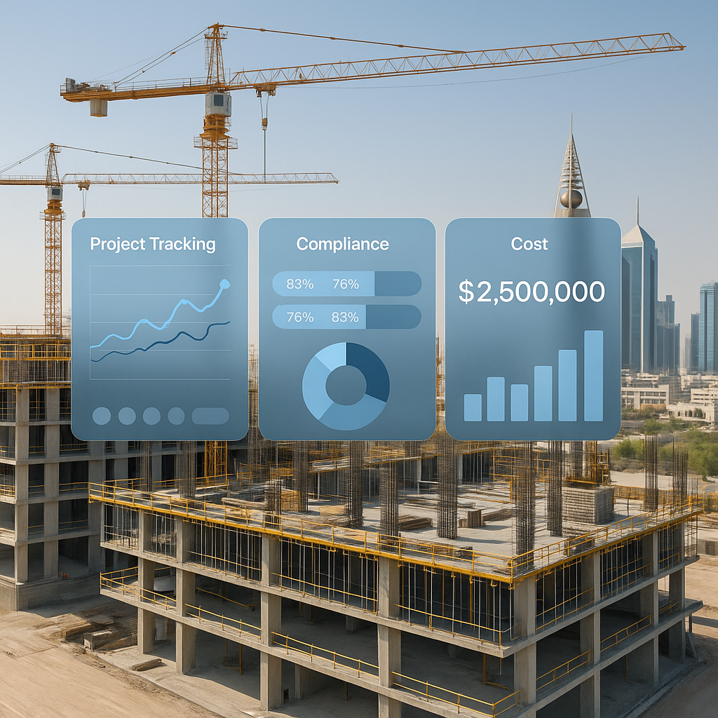 A modern construction site in Saudi Arabia with a digital overlay showing real-time project tracking, compliance dashboa...