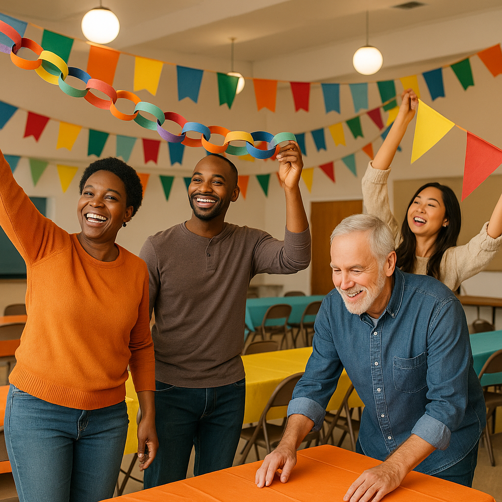 A group of diverse community members setting up decorations for an event in a large hall, with colorful banners and tabl...