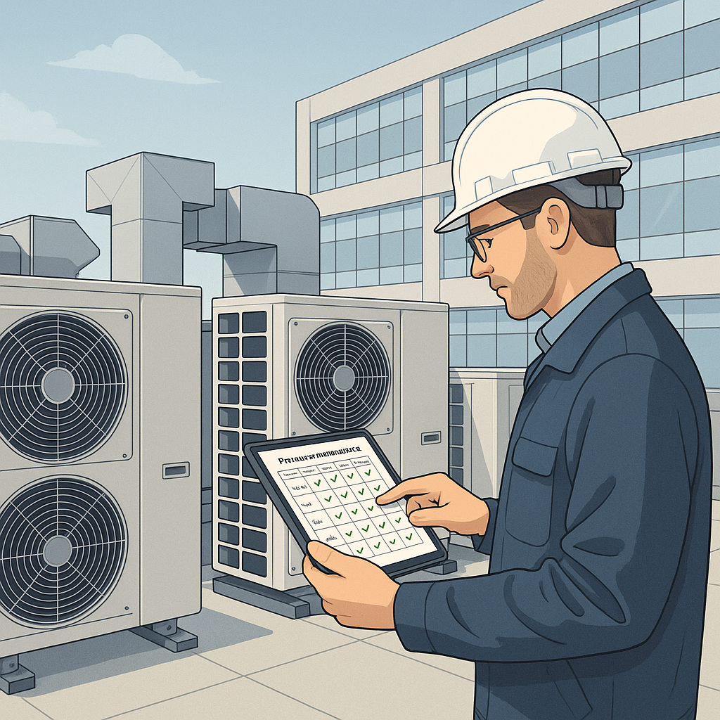 A detailed illustration of a facilities manager inspecting HVAC units with a digital tablet showing a preventive mainten...