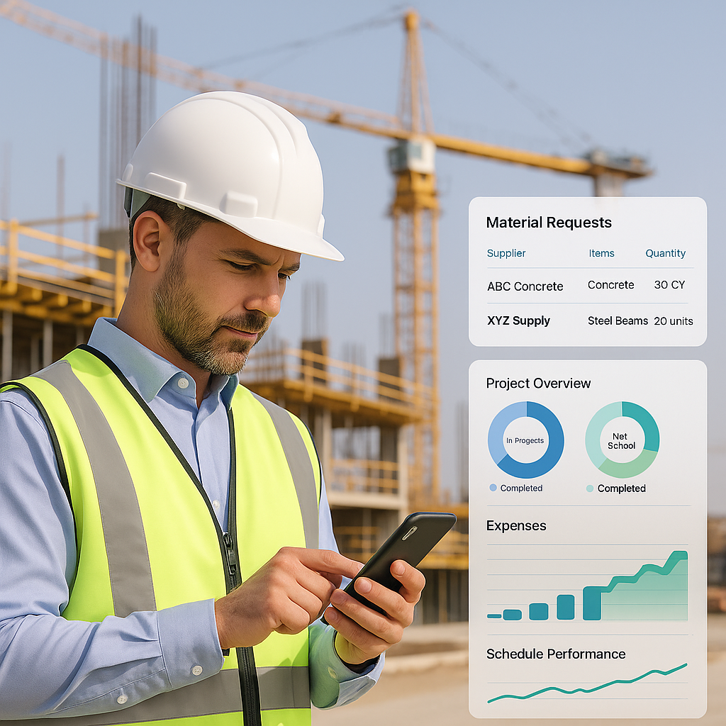 A construction site manager using a mobile app to approve material requests, with dashboards showing project data in the...