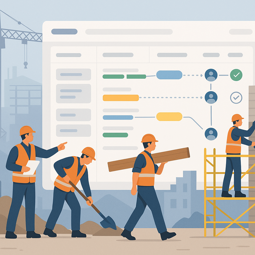 A detailed illustration of a construction site with workers and a digital project management dashboard in the background...