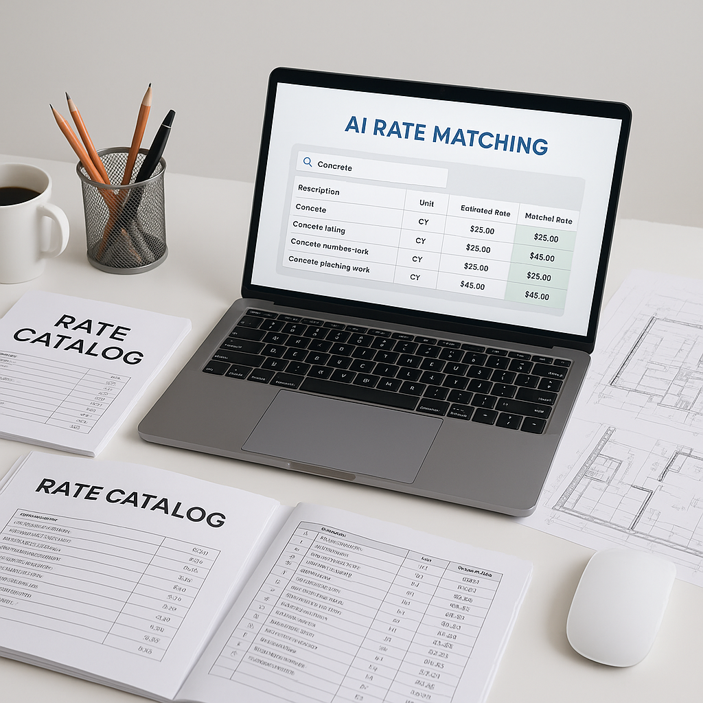 A modern construction estimator's desk with a laptop showing an AI-powered rate matching tool, alongside printed rate ca...