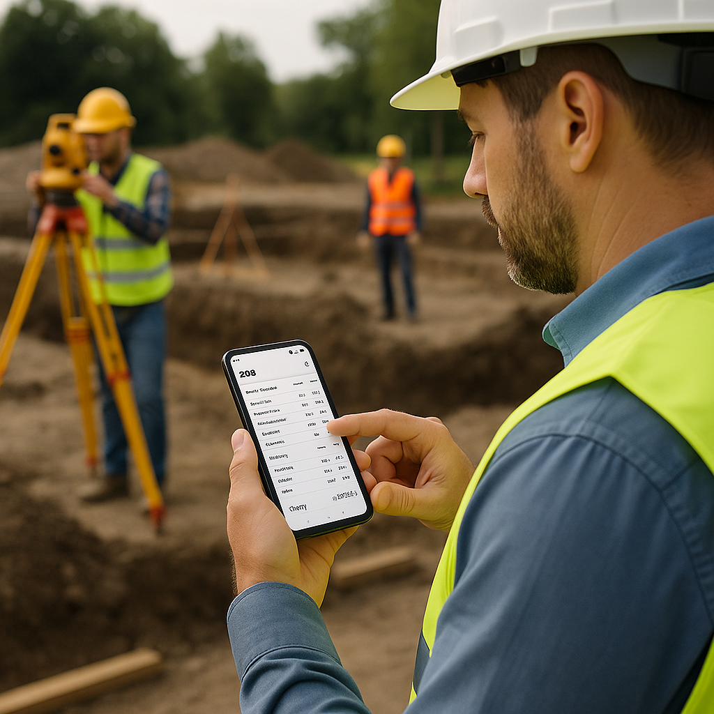A construction supervisor using a mobile app on-site, with detailed BOQ data visible on the screen. Background: a survey...