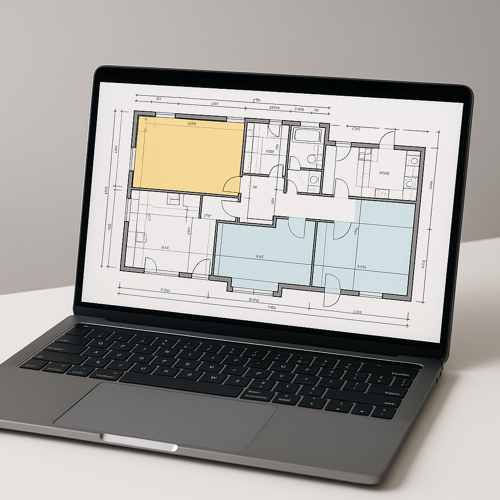 A sleek laptop screen displaying an architectural drawing with highlighted areas being automatically measured and extrac...