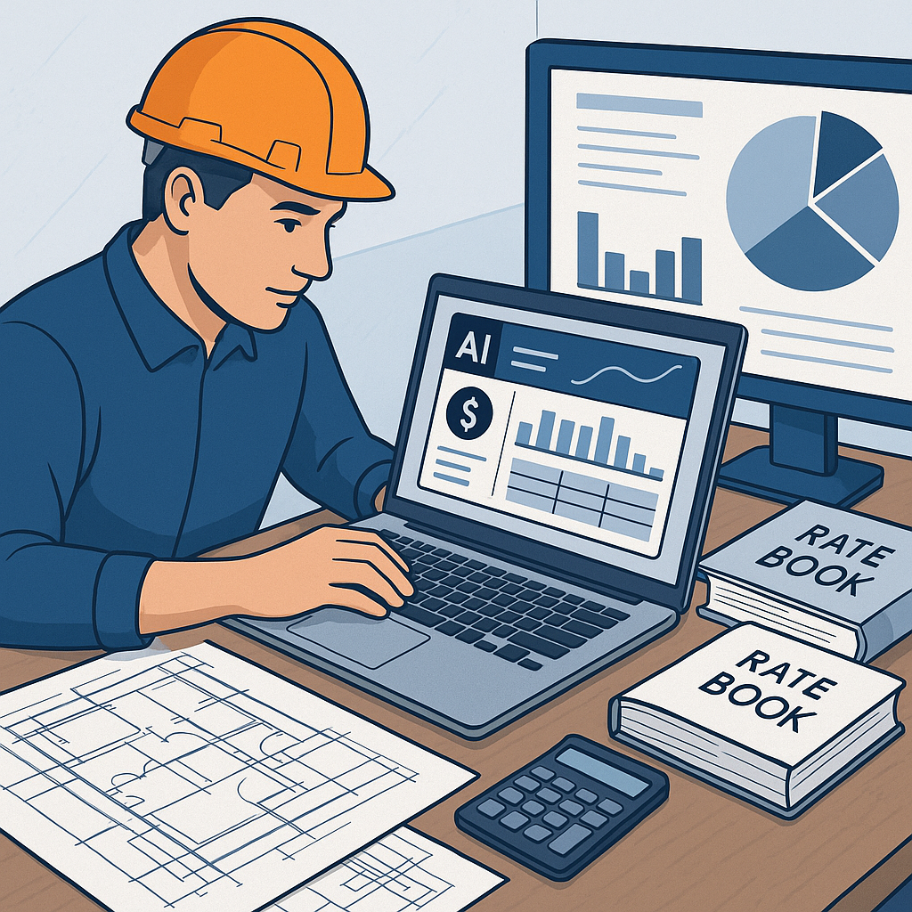 A detailed illustration of a construction estimator using a laptop with an AI-powered rate analysis tool, surrounded by...
