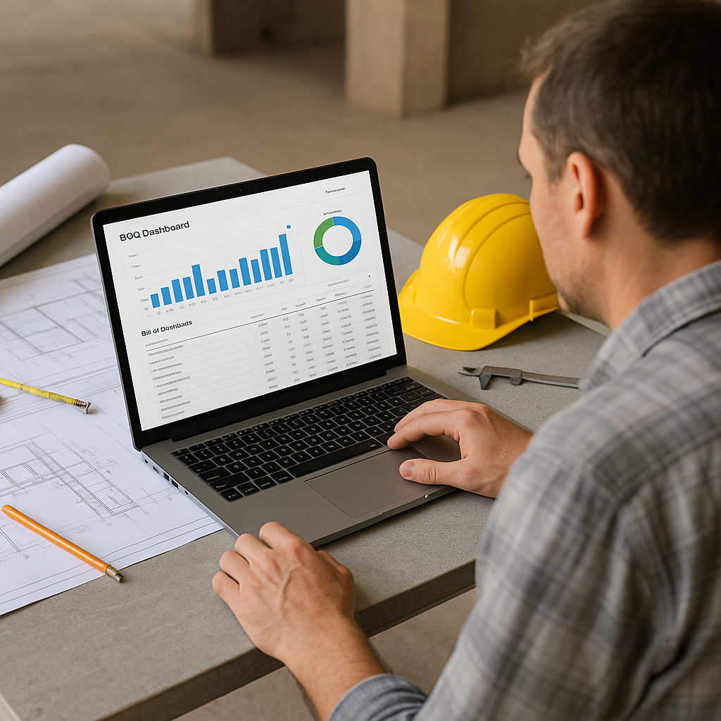 A realistic image of a contractor reviewing a detailed BOQ dashboard on a laptop, surrounded by construction documents a...