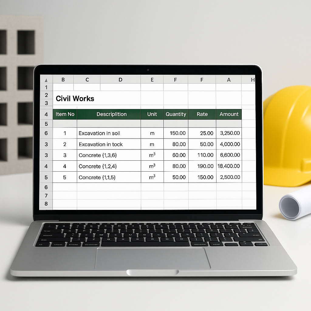 A professional construction BOQ template displayed on a laptop screen, with civil work items like excavation and concret...