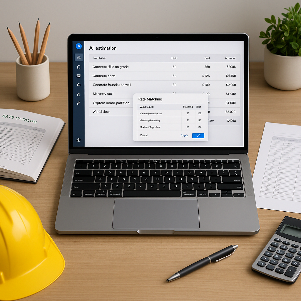 A modern construction estimator's desk with a laptop displaying an AI-powered estimation software interface and rate-mat...