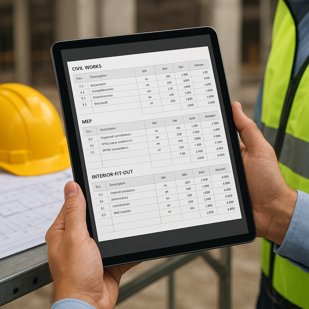 A detailed, trade-specific BOQ template on a construction manager's tablet, with categories like Civil Works, MEP, and I...