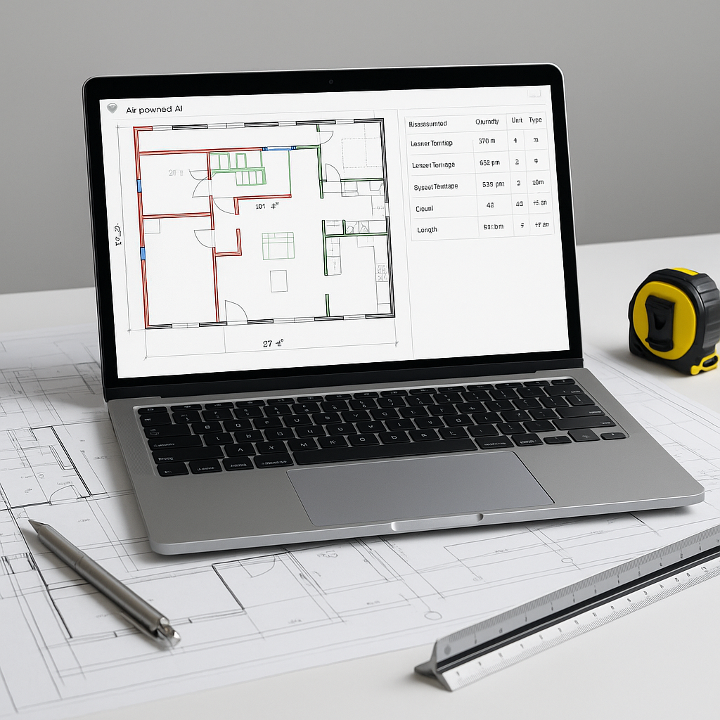 An estimator's desk showing a laptop with AI-powered takeoff software analyzing a PDF drawing. Include construction blue...