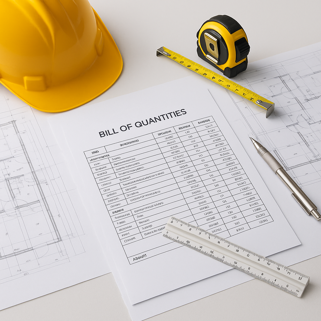 An architect's desk with a detailed Bill of Quantities document, blueprints, and a scale ruler, surrounded by constructi...