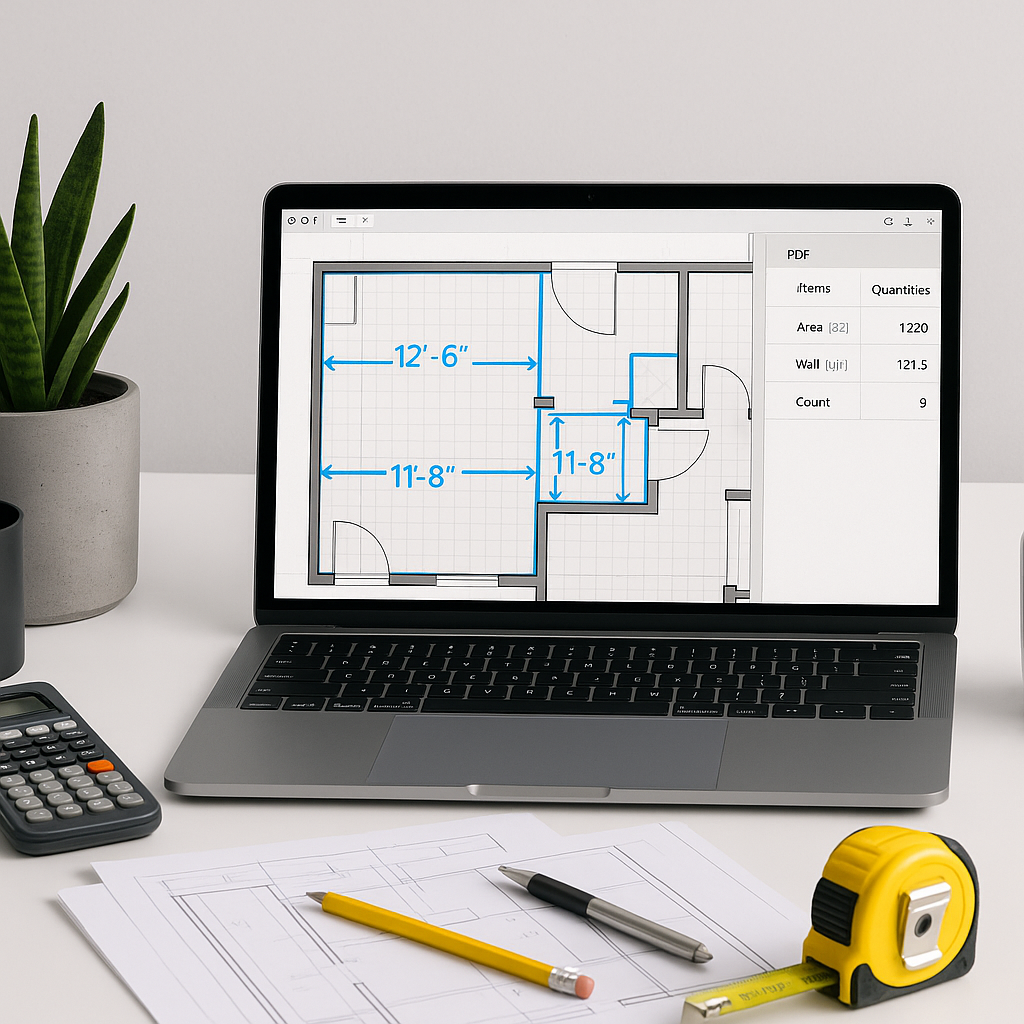 A modern construction estimator's desk with a laptop running AI-powered takeoff software, showing a PDF drawing with hig...
