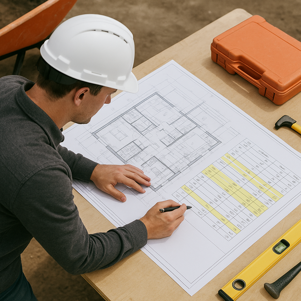 A detailed architectural blueprint with highlighted BOQ line items and a contractor reviewing it on-site, surrounded by...
