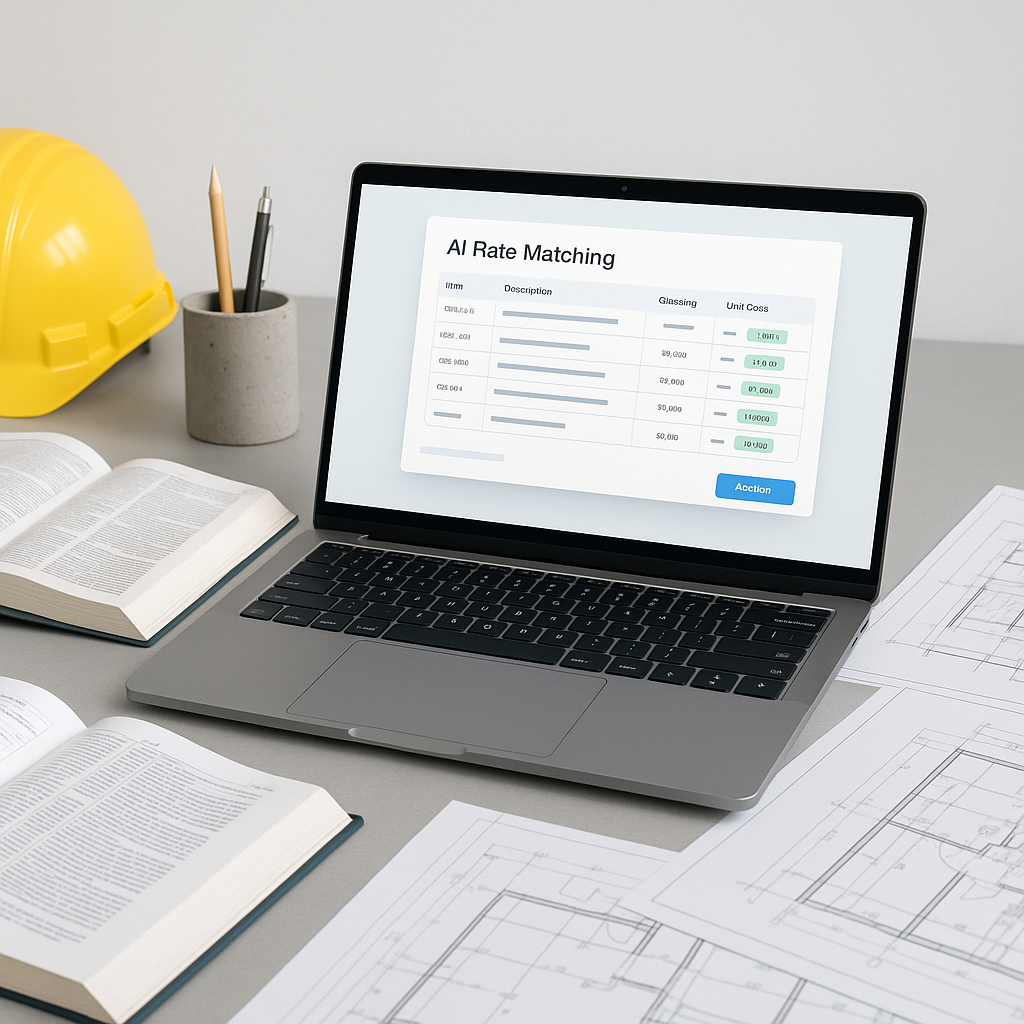 A modern construction estimator's desk with a laptop displaying an AI-powered rate matching software interface, surround...