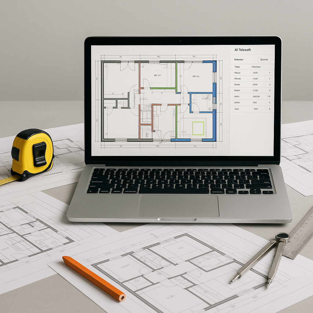 A construction estimator's desk with a laptop screen showing AI-powered takeoff software processing a detailed floor pla...
