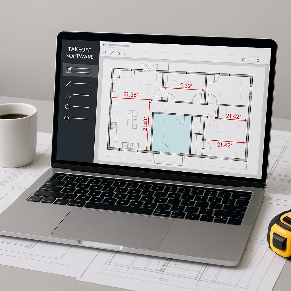 A construction estimator's desk with a laptop displaying an AI-powered takeoff software interface, showing a PDF drawing...