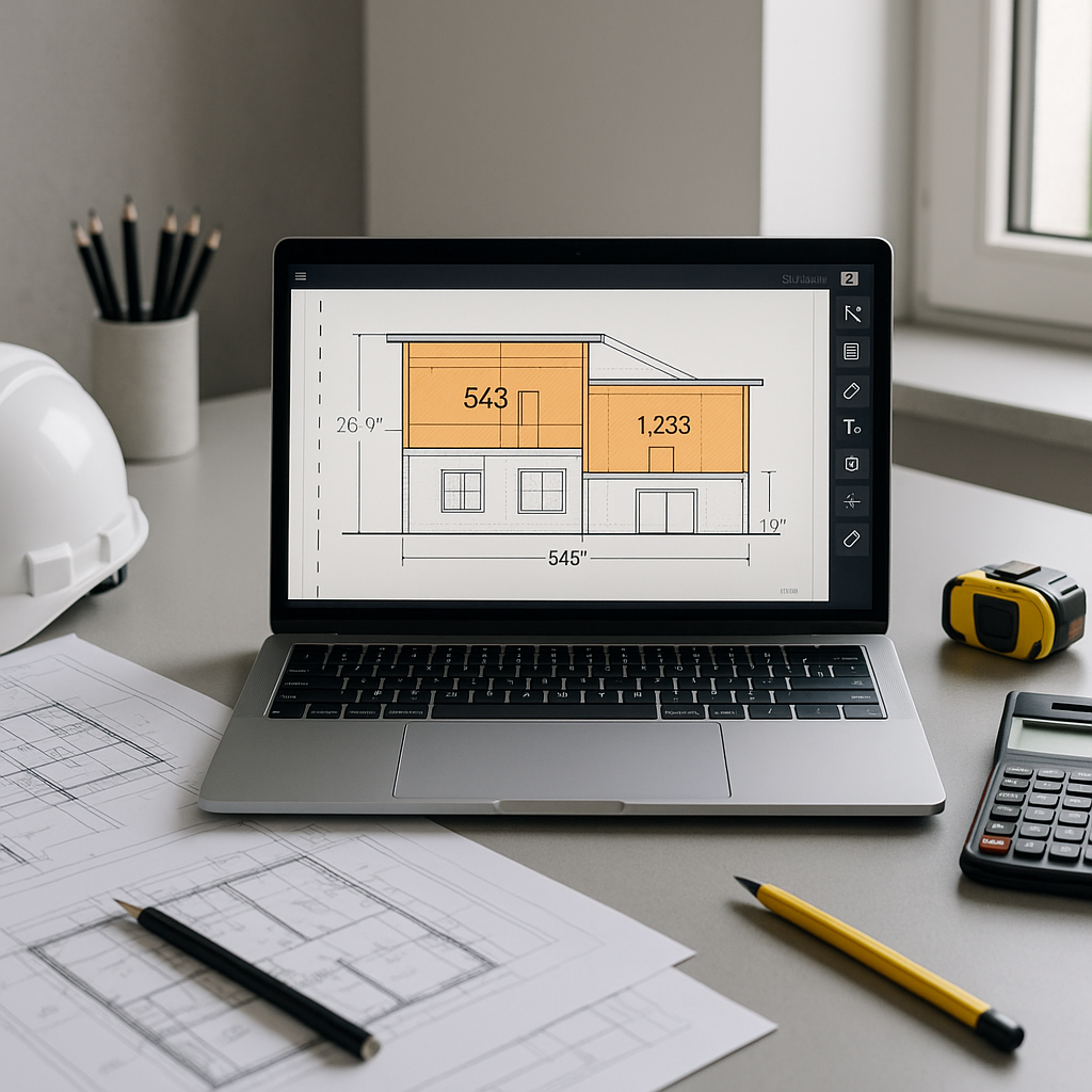 A modern construction estimator's desk with blueprints, a laptop showing an AI-powered takeoff software interface, and h...