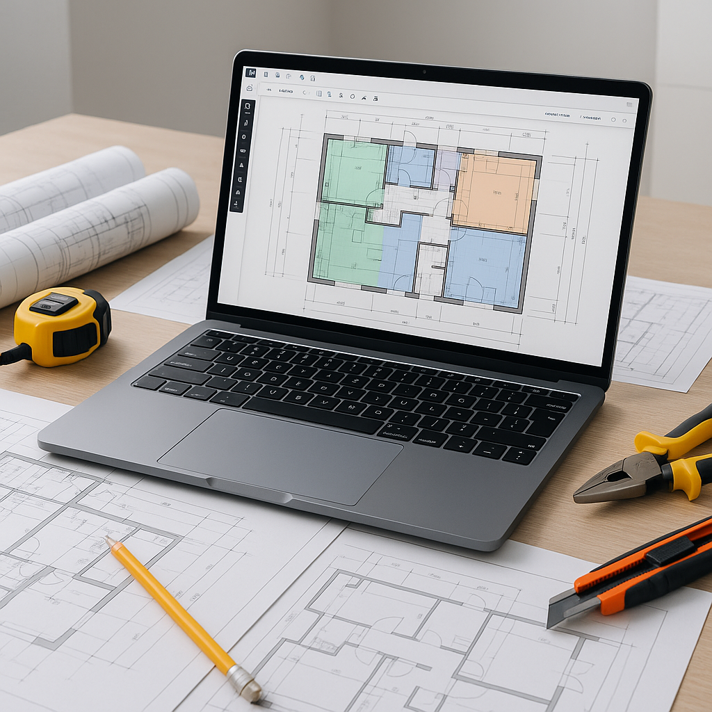 A construction estimator's desk with a laptop displaying a digital blueprint and AI-powered takeoff software, surrounded...