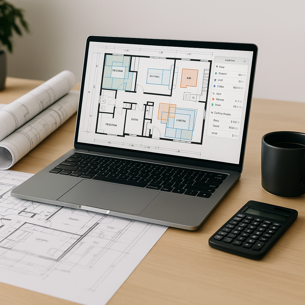 A realistic image of a construction estimator's desk with a laptop displaying an AI-powered takeoff tool analyzing PDF f...
