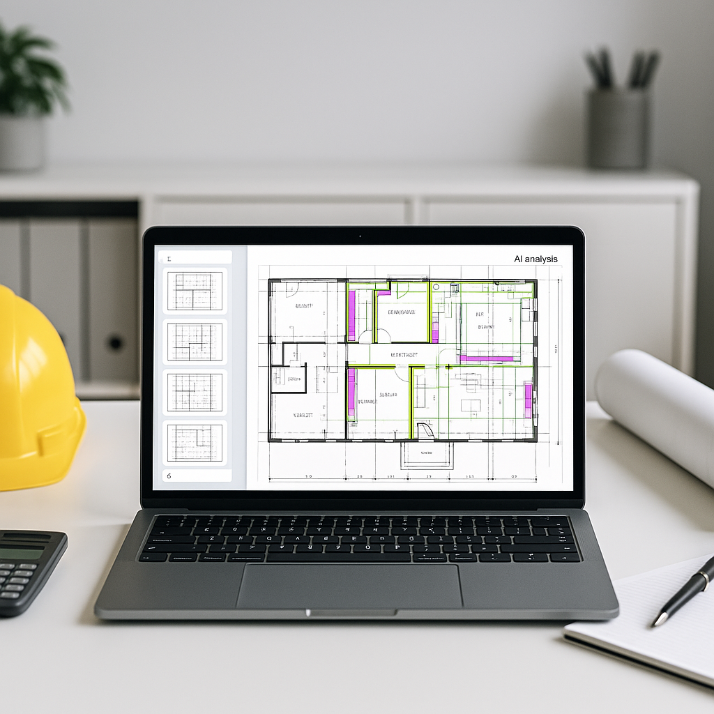 A modern construction estimator's desk with a laptop showing an AI-powered takeoff tool analyzing a multi-page PDF drawi...