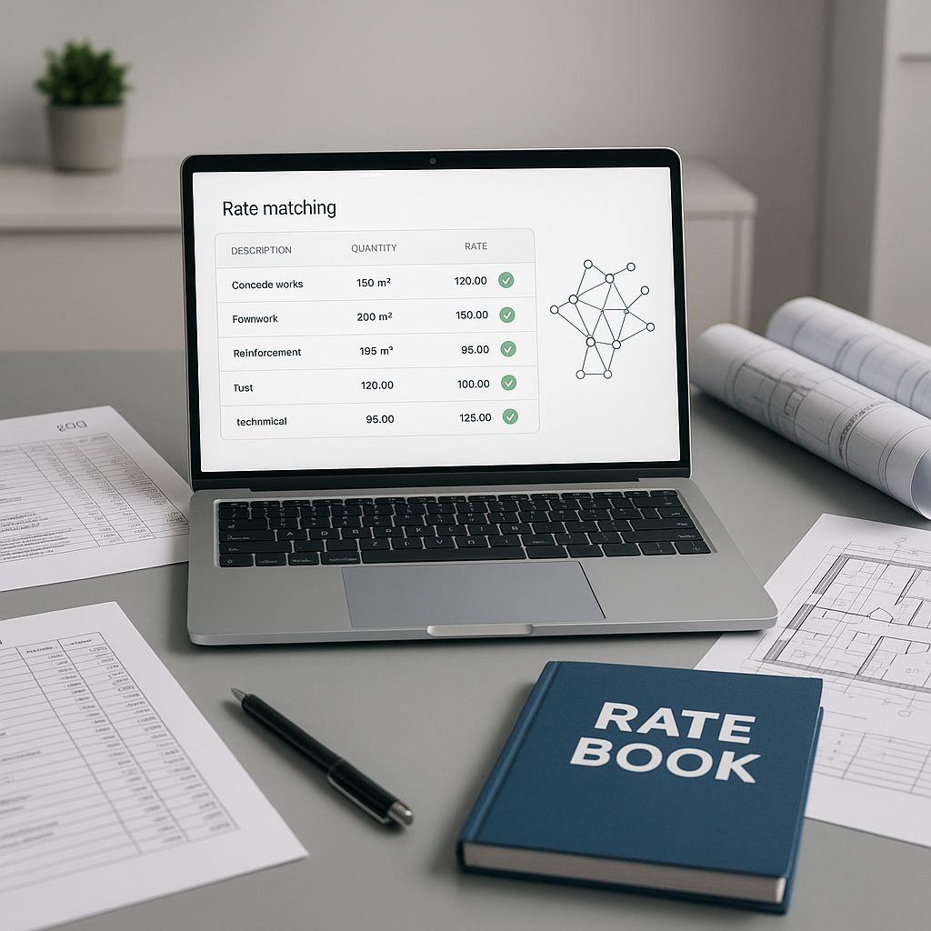 A construction estimator's desk with an open laptop displaying AI-powered rate matching software, surrounded by BOQ shee...
