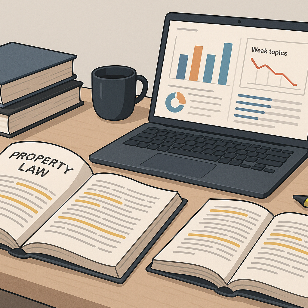 A detailed illustration of a legal study desk with books open to Property Law, highlighted notes, and a laptop screen sh...