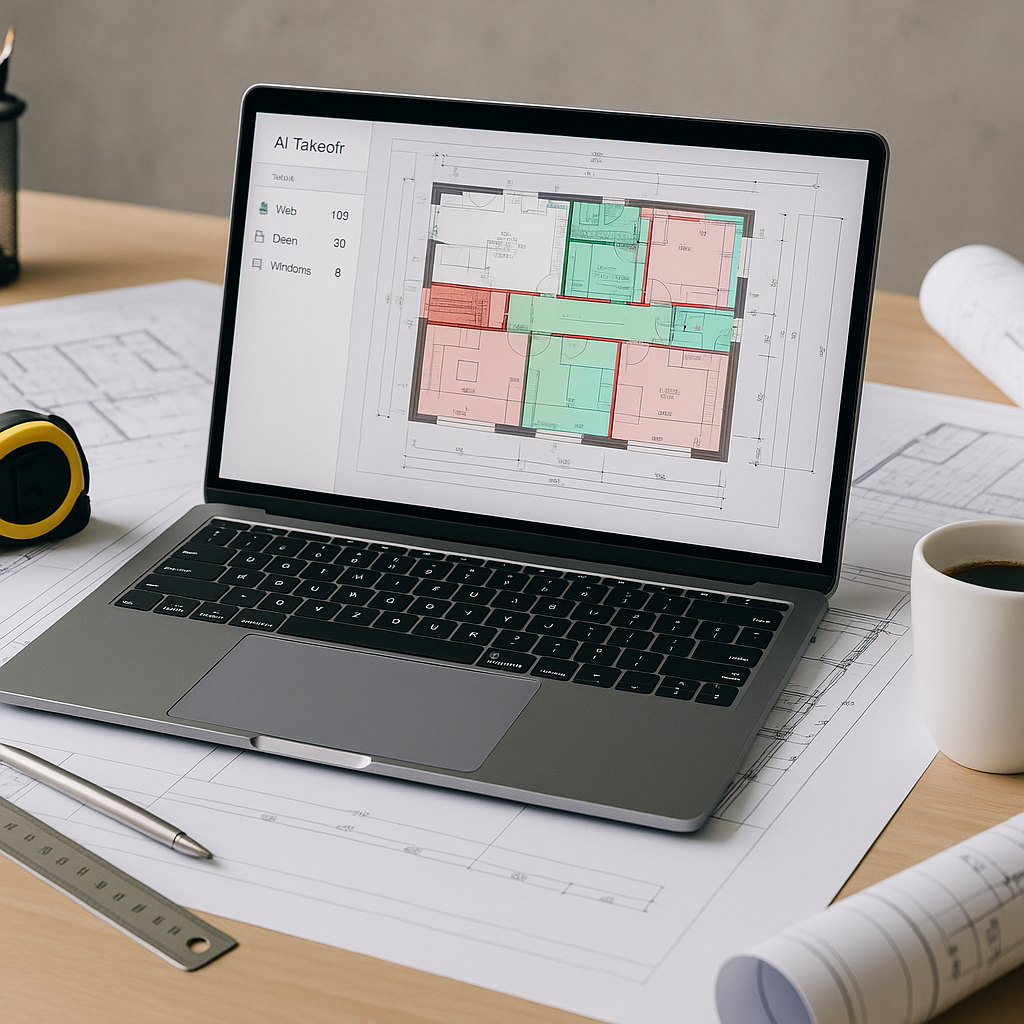 A busy construction estimator's desk with a laptop displaying AI-powered takeoff software analyzing a PDF drawing. Inclu...