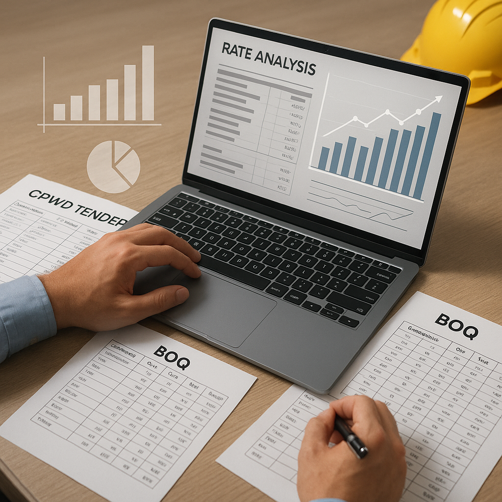 A detailed image of a construction estimator working on a laptop with CPWD tender documents and BOQ sheets open, alongsi...