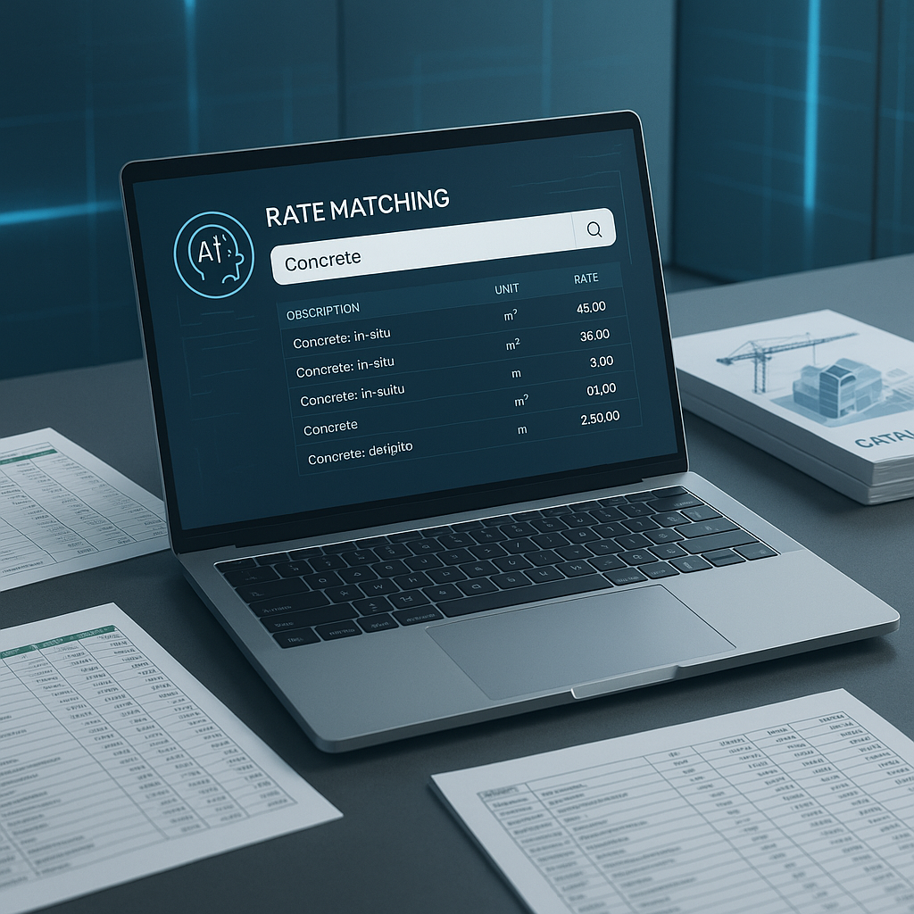 A futuristic construction estimator's desk with a laptop displaying an AI-powered rate matching tool. Excel spreadsheets...